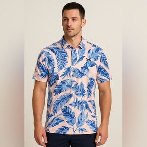 Under Armour Playoff Polo Shirt XL Blue Tropical Leaf Print Stretch Golf